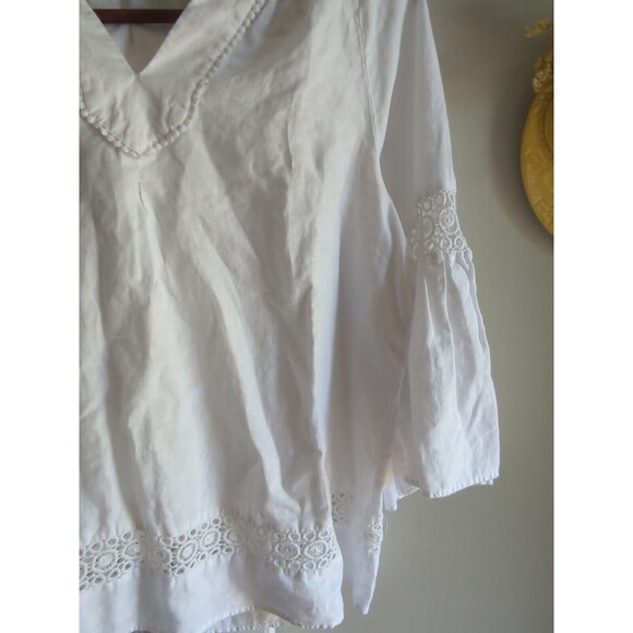 Crown & Ivy Women's M White Linen Blend Quarter Sleeve Bell Sleeve Summer Blouse - Picture 4 of 16